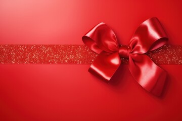 Gift card wrapped in red ribbon. Christmas, New Year or birthday gift. Blank for a greeting card.