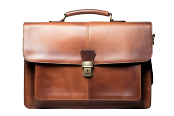The image shows a brown leather briefcase with a handle and two locks. It is isolated on a transparent background.