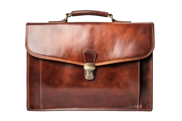 The image shows a brown leather briefcase with a metal clasp. The briefcase is isolated on a transparent background.