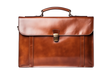 The image shows a brown leather briefcase with a metal clasp. The briefcase is isolated on a white background.