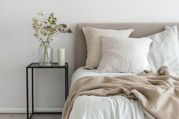 Peaceful modern bedroom featuring a comfortable bed with plush pillows, taupe linens, and a beige throw blanket. A bedside table holds a vase of fresh flowers, enhancing the serene ambiance