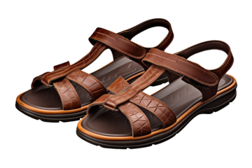 The image shows a pair of brown leather sandals with adjustable straps. The sandals have a thick sole and are suitable for both men and women.
