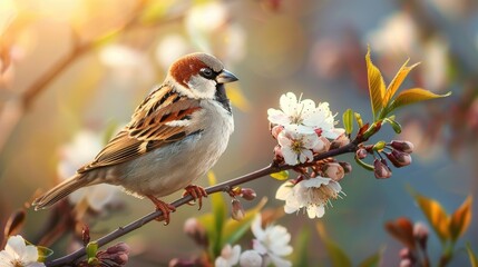 Fototapeta premium Serene Songbird Perched Among Blossoms