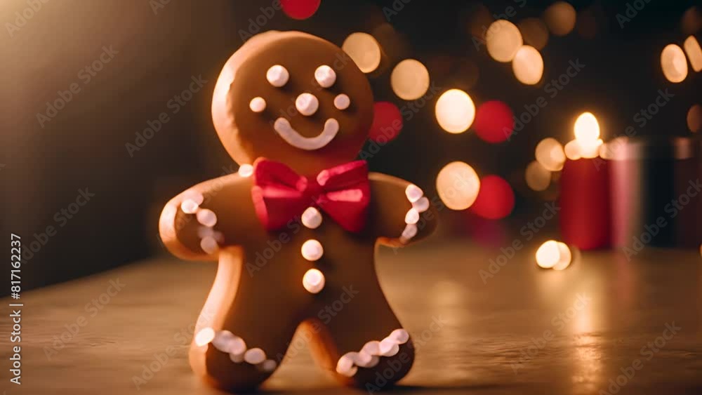 Poster gingerbread man sitting on table with lights generative ai