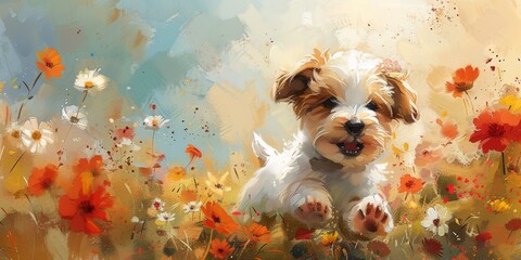 A playful watercolor depiction of a puppy running through a field of flowers