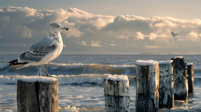  Bird on wooden pole seaside. A bird perched on a wooden pole by the seaside with waves in the background..
