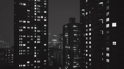 Highrise buildings with lit windows at night, quiet and peaceful, minimalist, monochrome