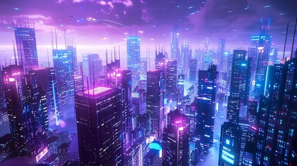 Obraz premium Hightech cityscape with flying cars and illuminated skyscrapers, futuristic buildings with holograms, SciFi, Blue and purple tones, 3D rendering