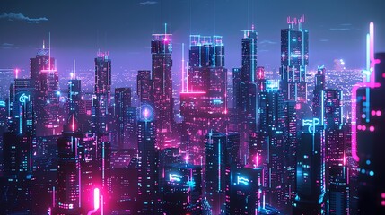 Fototapeta premium Hightech urban landscape, illuminated with holographic structures, AI elements, Futuristic, Glowing neon, 3D rendering