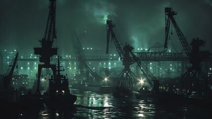 Industrial port with ships and cranes under the night sky, Industrial, Dark hues, Photography, Detailed and atmospheric