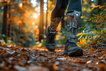 Man with prosthetic legs and sneakers jogging along path in park or forest.