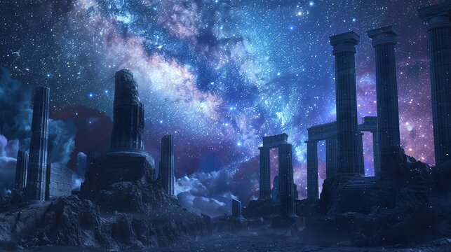 Mythological city under a starry sky with ancient ruins and modern skyscrapers, Mythology, Night, Cool tones, 3D rendering, Timeless blend
