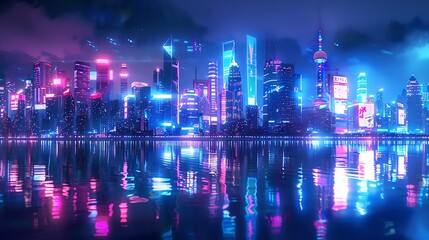 Obraz premium Night city skyline with vibrant holographic advertisements and a calm waterfront Futuristic, photorealistic, neon blues and pinks