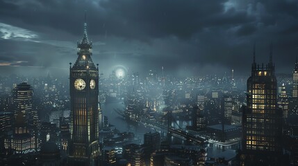 Fototapeta premium Night view of a city skyline with a prominent digital clock tower, Steampunk, Dark tones, 3D render, Blend of historical and futuristic elements
