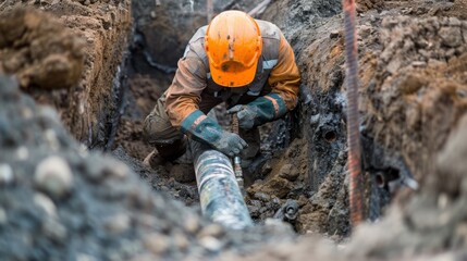 Workers are water pipes with PVC outdoors. Industrial Trench for water supply