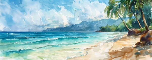 A picturesque watercolor landscape of a tropical beach with clear blue water and palm trees