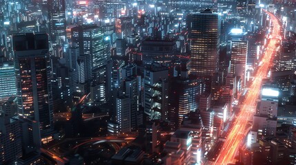 Fototapeta premium Nighttime cityscape from a high vantage point, densely packed buildings with bright lights, light trails from traffic, photography style, high clarity, dynamic composition