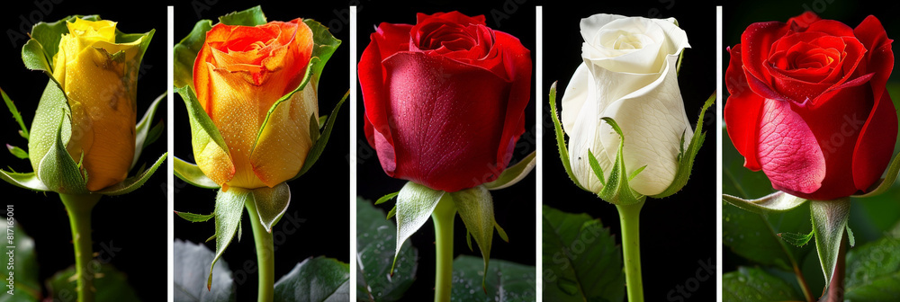 Poster a row of vibrant roses of various colors lined up against a black backdrop