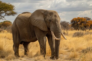 Fototapeta premium A large elephant standing in a field of tall grass