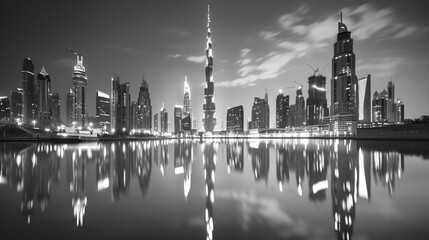 Fototapeta premium Skyline with iconic landmarks lit up at night, reflections on a still river, Classic, Monochrome, Photography