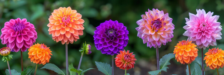 A straight row of vibrant dahlias, each bloom uniquely colored, standing tall in a well-maintained garden. The dahlias are neatly arranged, showcasing a variety of shades and sizes © Fleuronica