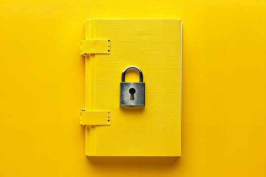 A yellow padlock on a closed book with a key on it