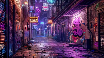Urban alleyway at night with colorful graffiti, neon signs, and a gritty yet vibrant atmosphere, Steampunk, Detailed Illustration
