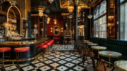 The interior of a bar decorated in elegant black and gold hues, featuring high-top tables, a polished bar counter, plush seating, and ambient lighting.