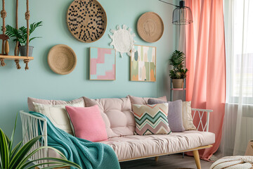 Interior of modern living room with bright pastel color