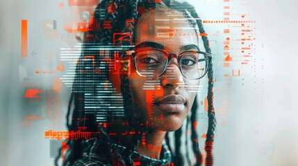 A woman with red hair and glasses is the main subject of the image