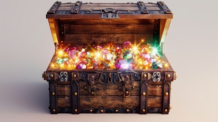 Enchanted Treasure Chest with Gleaming Gems, An open, antique treasure chest overflows with colorful, gleaming gems against a bright, white background, invoking a sense of discovery and wealth