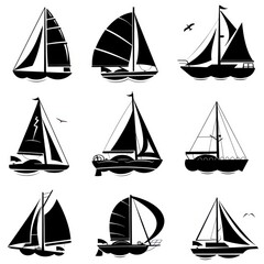 sailboats icons in solid black on a white background
