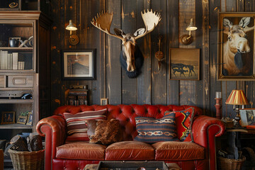 Old western living room decorated with moose head