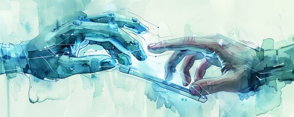 A futuristic watercolor depiction of hands using a hightech smartphone interface