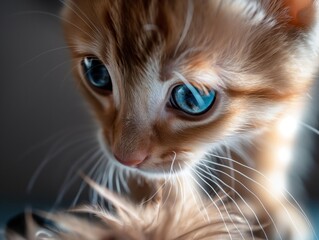 close-up portrait of a tiny kitten with vibrant blue eyes, captured in a moment of playful mischief. The kitten's whiskers twitch as it pounces on a feather toy, showcasing its agile movements