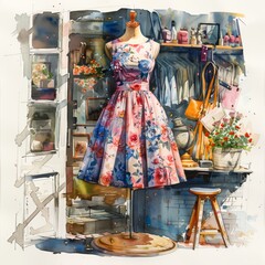 A fashionable watercolor illustration of an outfit displayed on a mannequin in a boutique