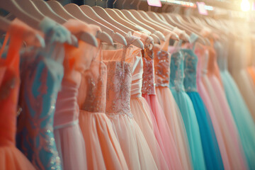 A rack of beautiful prom dresses in various colors and styles hanging on hangers at the back wall of an evening wear store with bright lights and blurred background