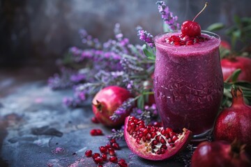 A plantbased smoothie topped with a cherry, pomegranates, and lavender flowers