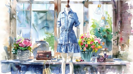 A fashionable watercolor illustration of an outfit displayed on a mannequin in a boutique