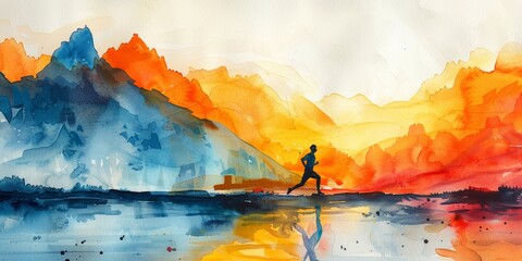 A dynamic watercolor painting of a person running at sunrise with mountains in the background