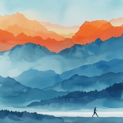 A dynamic watercolor painting of a person running at sunrise with mountains in the background