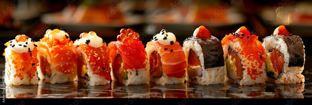 Poster A row of sushi pieces neatly lined up on a table, showcasing various types of sushi rolls and sashimi