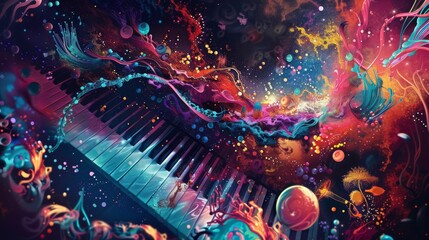 Obraz premium Vibrant and colorful digital artwork with a central theme of a piano keyboard