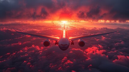 Airplane flying at dusk with dramatic sky