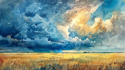 A dramatic watercolor painting of a thunderstorm over an open prairie