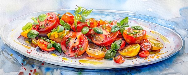 A detailed watercolor illustration of a gourmet dish with vibrant colors and textures