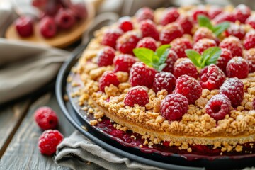A close up of a raspberry pie on a plate, a delicious and colorful dessert