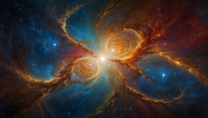 As two stars merge in a dazzling celestial embrace, their swirling colors and intense radiance...