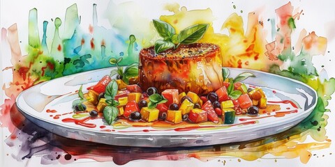 A detailed watercolor illustration of a gourmet dish with vibrant colors and textures