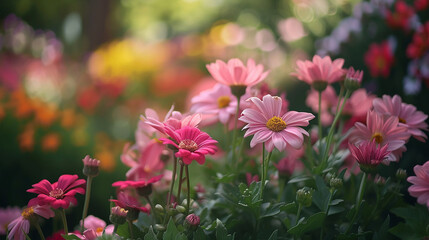 A beautiful flower garden with pink and yellow flowers